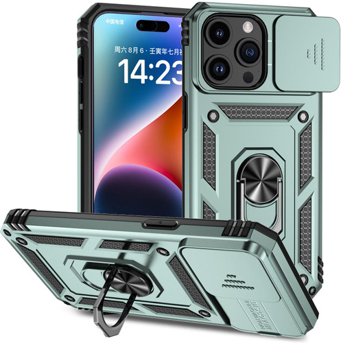 For iPhone 15 Pro Sliding Camshield Holder Phone Case(Dark Green)