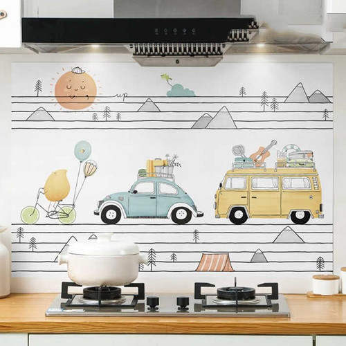 90x30cm Small Kitchen Stove Tile Oil Smoke Stickers  Waterproof And Anti Oil Stain Cartoon Wallpaper, Style: Station Wagon