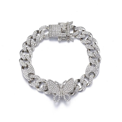 HPS0008 Box Buckle Butterfly Hip Hop Cuban Necklace, Size: 7 Inches (White Gold)