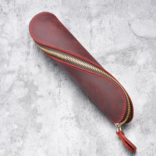 A-T09 S Zipper Crazy Horse Leather Vintage Leather Pen Bag(Wine Red)