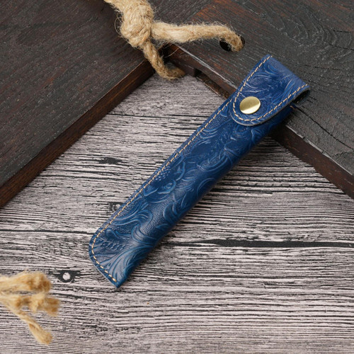 Pen Bag Personality Retro Pure Handmade First Layer Leather Pen Case Protective Cover(Carved Skin Blue)
