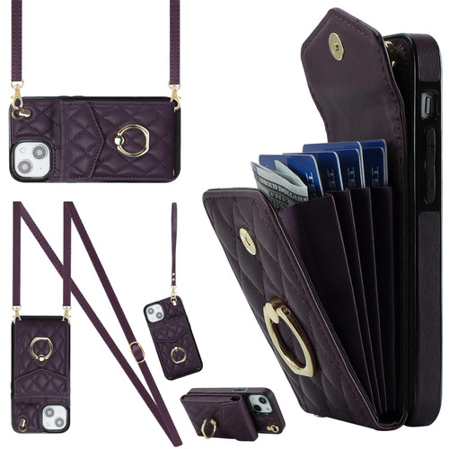 For iPhone 13 Rhombic Texture Card Bag Phone Case with Long Lanyard(Dark Purple)