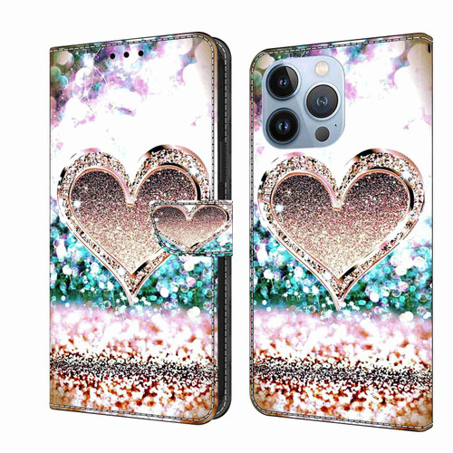 For iPhone 14 Pro Max Crystal 3D Shockproof Protective Leather Phone Case(Pink Diamond Heart)