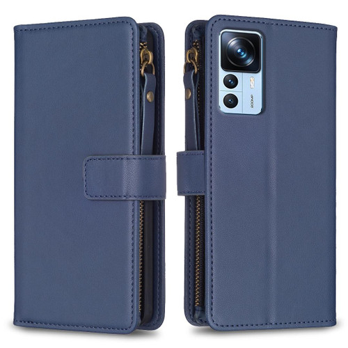 For Xiaomi 12T / 12T Pro 9 Card Slots Zipper Wallet Leather Flip Phone Case(Blue)