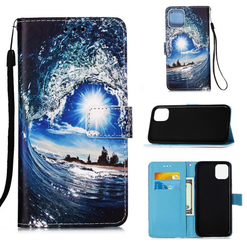 For iPhone 12 / 12 Pro Painted Flat Texture Leather Case with Lanyard & Card Slot & Wallet & Holder(Waves Sun)