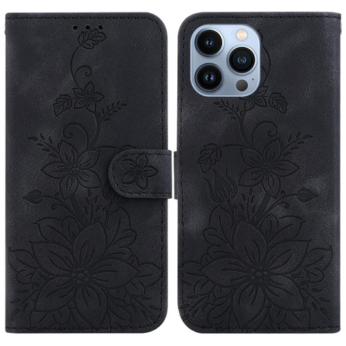 For iPhone 14 Pro Max Lily Embossed Leather Phone Case(Black)