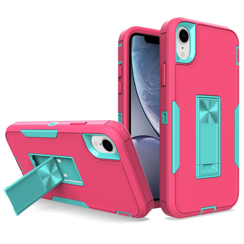 For iPhone XR Magnetic Holder Phone Case(Rose Red + Blue-green)