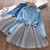 Girls Denim Jacket + Mesh Skirt Two Sets (Color:Light Blue Size:100)