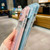 For iPhone 14 Plus Large Window Gradient Glitter Phone Case with Card Slot(Blue)
