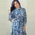 Ladies Printed Big Hem Shirt Tie Long Dress, Size: M(Blue)
