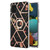 For Samsung Galaxy A51 4G Electroplating Splicing Marble Flower Pattern TPU Shockproof Case with Rhinestone Ring Holder(Black Flower)