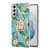 For Samsung Galaxy S21  5G Electroplating Splicing Marble Flower Pattern TPU Shockproof Case with Rhinestone Ring Holder(Blue Flower)