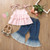 Girls Ruffled Camisole Denim Flared Pants Two-piece Suit (Color:Pink Size:100cm)