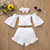 Girls One-shoulder Pleated Flared Sleeve Shorts Three-piece Suit (Color:White Size:110cm)