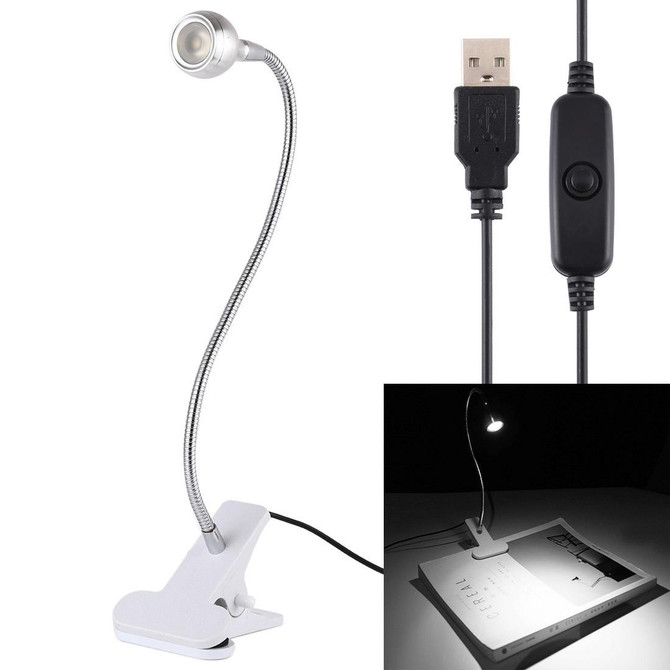 3W 360 Degree Rotation USB Metal Flexible Neck LED Light with Switch & Clip (White Light Silver)