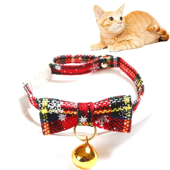 5 PCS Snowflake Christmas Red Plaid Adjustable Pet Bow Tie Collar Bow Knot Cat Dog Collar, Size:S 17-30cm, Style:Small Bowknot With Bell