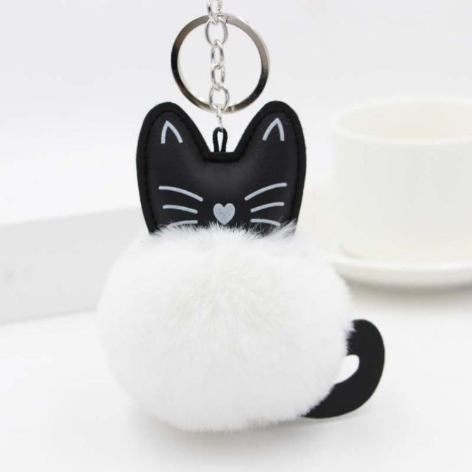 Fluffy Rabbit Fur Ball Cat Head Doll Toy Pompom Plush Keychains(White)