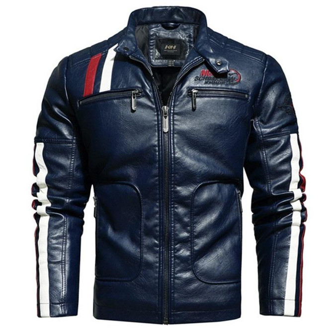 Autumn and Winter Letters Embroidery Pattern Tight-fitting Motorcycle Leather Jacket for Men (Color:Dark Blue Size:XXXL)