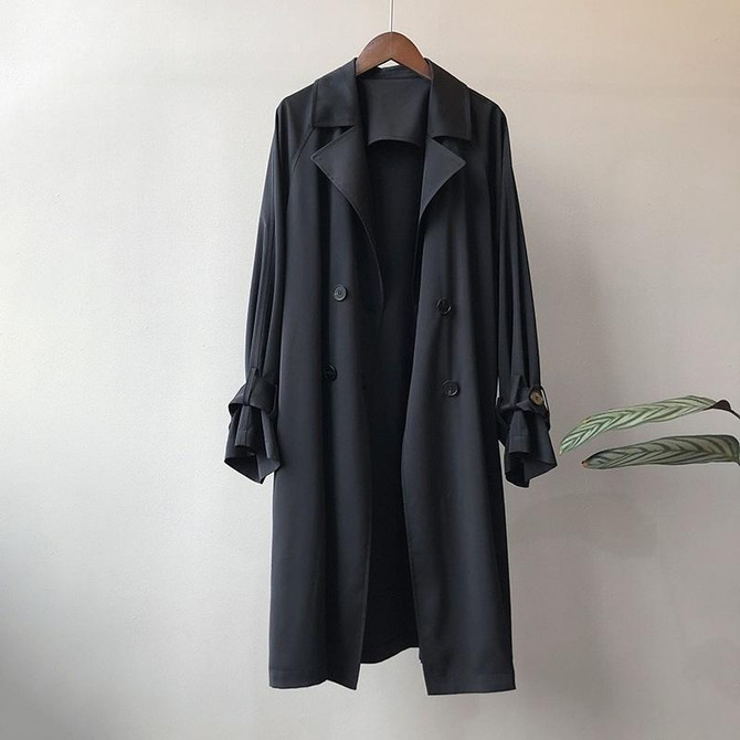 Ladies Long Loose Solid Color Windbreaker Jacket (Color:Black Size:S)