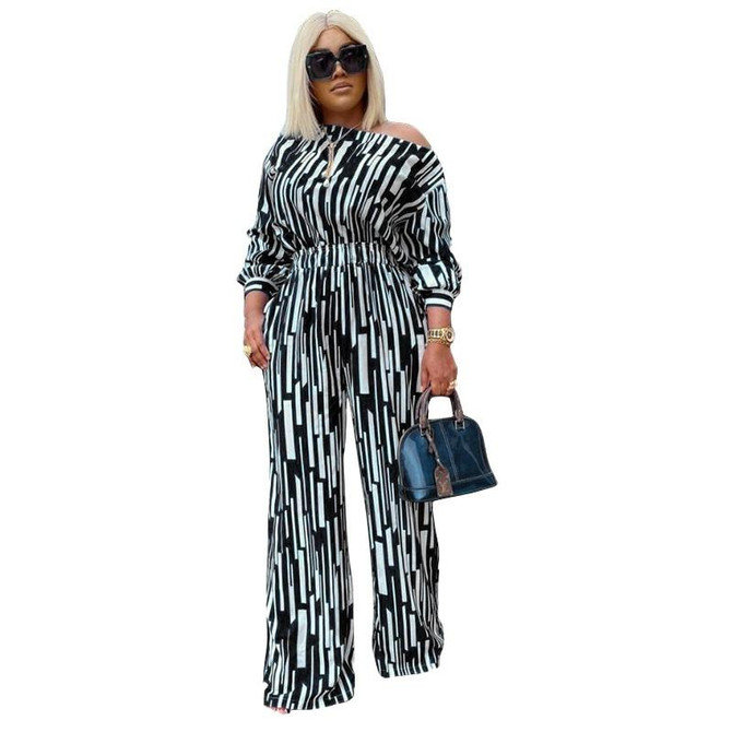 Large Size Striped Printing Oblique Long-sleeved Shoulder Loose Fashion Casual Suit (Color:Black Size:L)