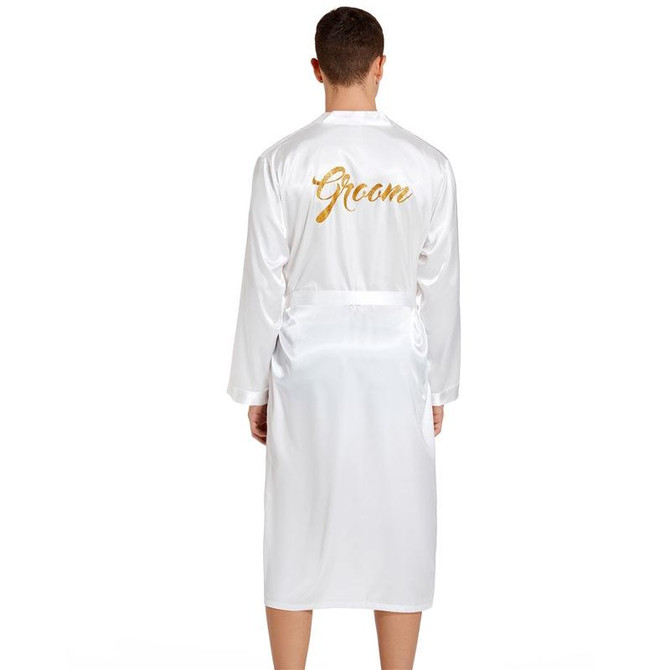 Men Groom Gold Lettering Home Long Nightgown, Size:L(White)