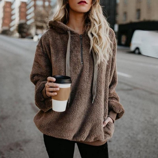 Long-sleeved Hooded Solid Color Women Sweater Coat (Color:Brown Size:L)