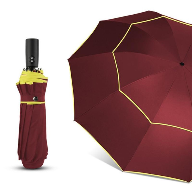 Fully-Automatic Double Rain 3 Folding Wind Resistant Travel Business Big Umbrella(Red)