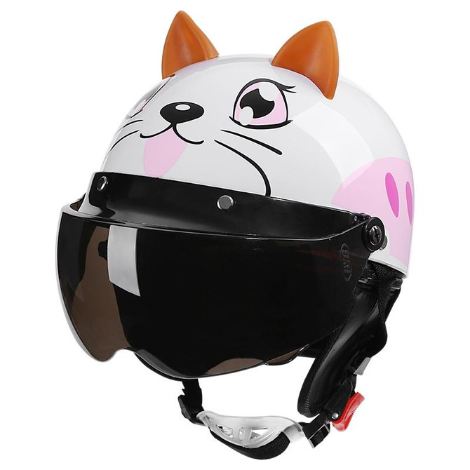 BYB 820 Children Four Seasons Universal Cartoon Electric Motorcycle Helmet, Specification: Tea Color Short Lens(Four Seasons White Cat)