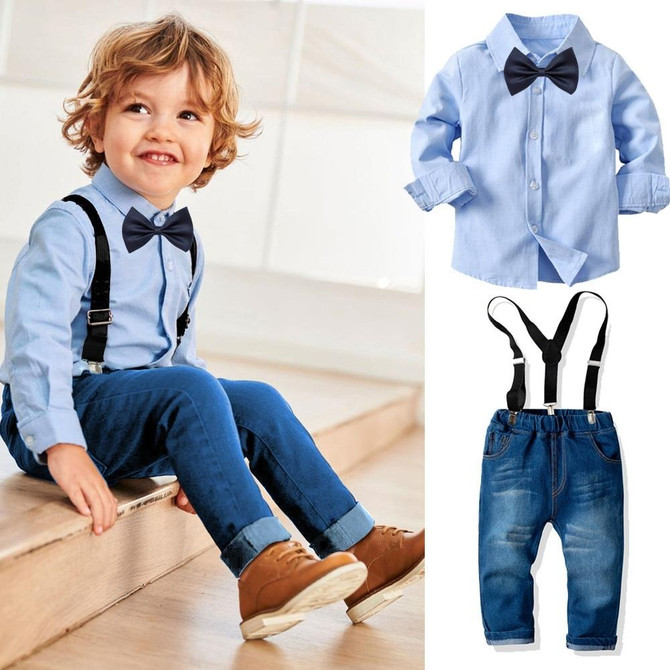 Children Long-sleeved Shirt + Denim Suspenders And Trousers Two-piece Suit (Color:Blue Size:130)