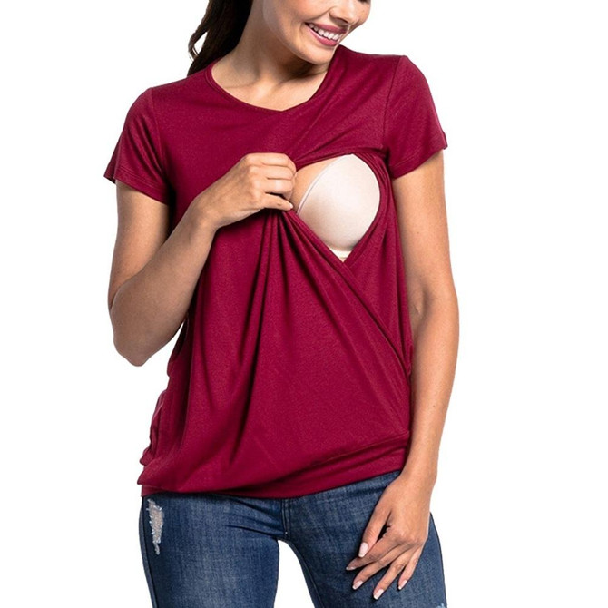 Round Neck Short Sleeve Maternity T-Shirt (Color:Red Size:XXL)