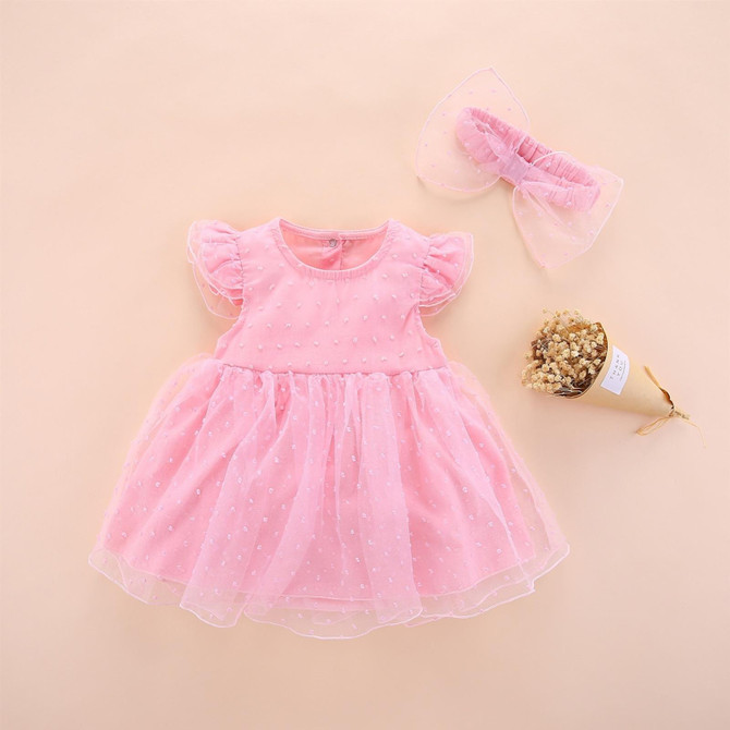 Girls Short-sleeved Mesh Dress With Bow (Color:Pink Size:80)