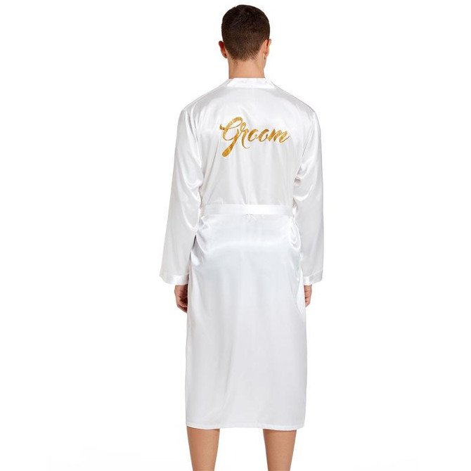 Men Groom Gold Lettering Home Long Nightgown, Size:XL(White)