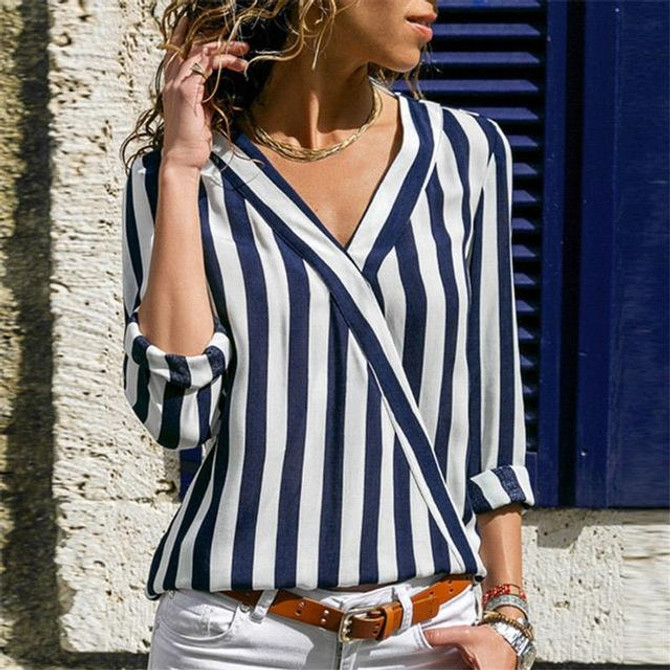Women Striped Shirt Long Sleeve V-neck Shirts Casual Tops Blouse, Size:XXXL(Navy Blue)