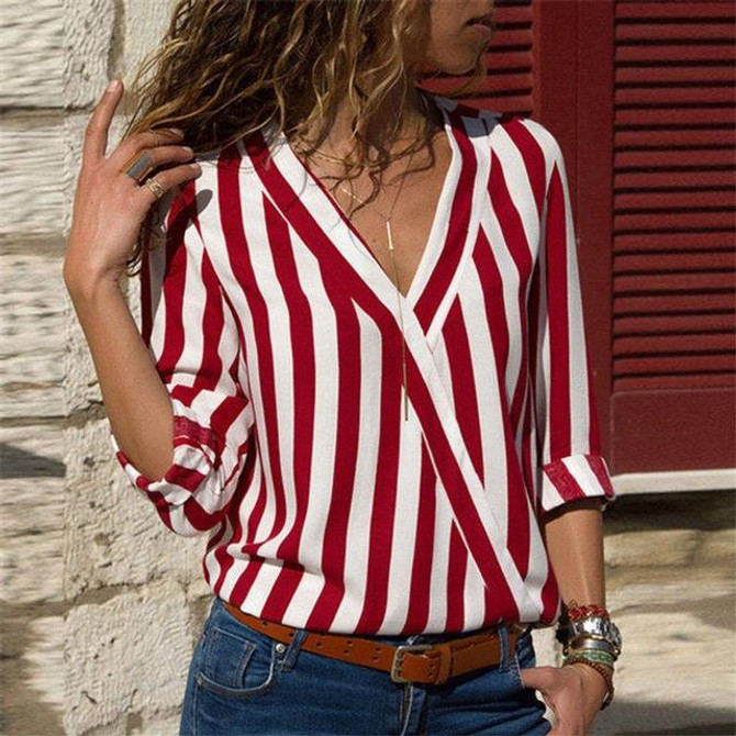 Women Striped Shirt Long Sleeve V-neck Shirts Casual Tops Blouse, Size:XL(Red)