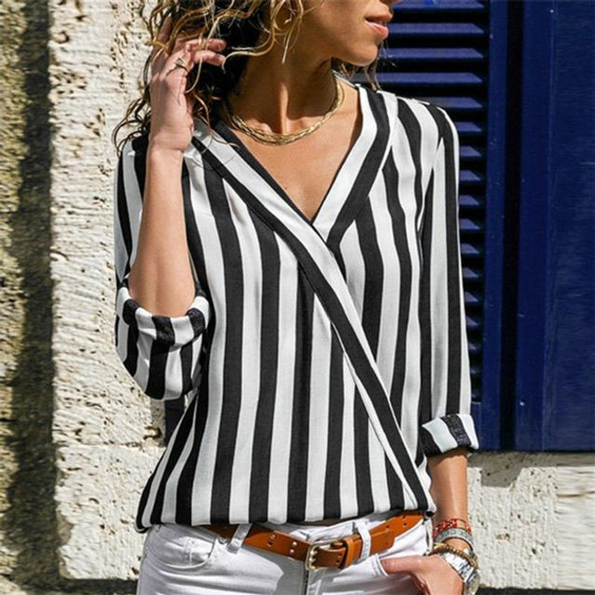 Women Striped Shirt Long Sleeve V-neck Shirts Casual Tops Blouse, Size:S(Black)