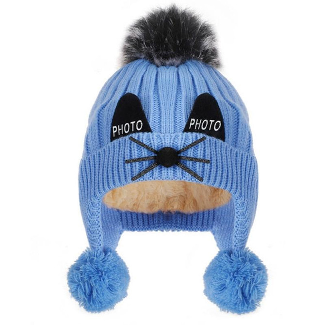 Autumn and Winter Children Cartoon Cat Ear Shape Knitted Warm Wool Hat, Size:One Size(Blue)