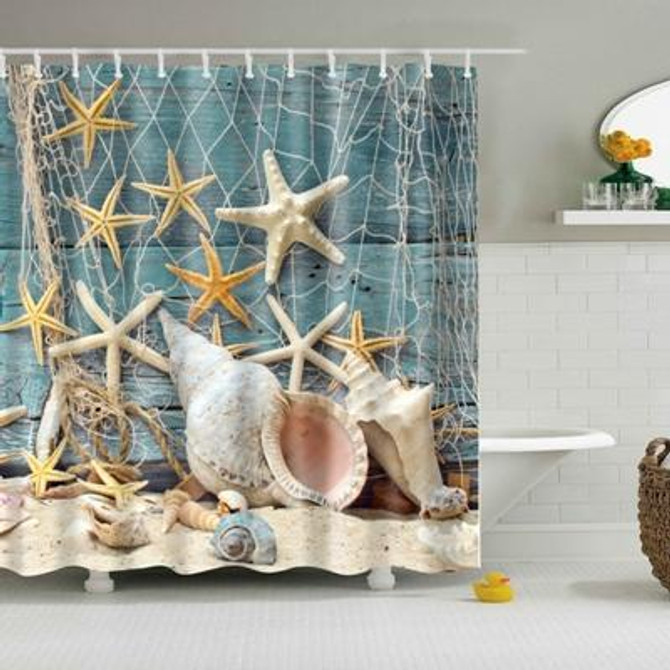 2 PCS Colorful Beach Conch Starfish Shell Polyester Washable Bath Shower Curtains, Size:180X200cm(Fishnet Shell)
