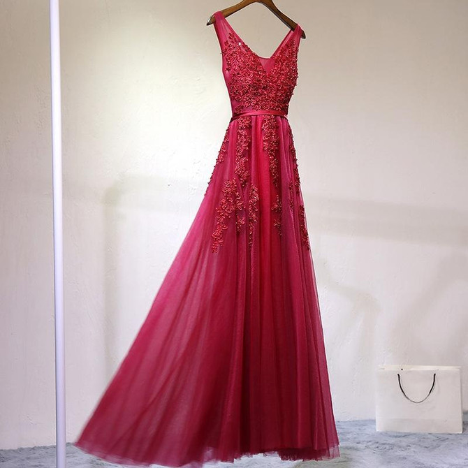Sexy V-neck Evening Dress Robe Tulle Applique Evening Dresses, Size:S (Red Wine)