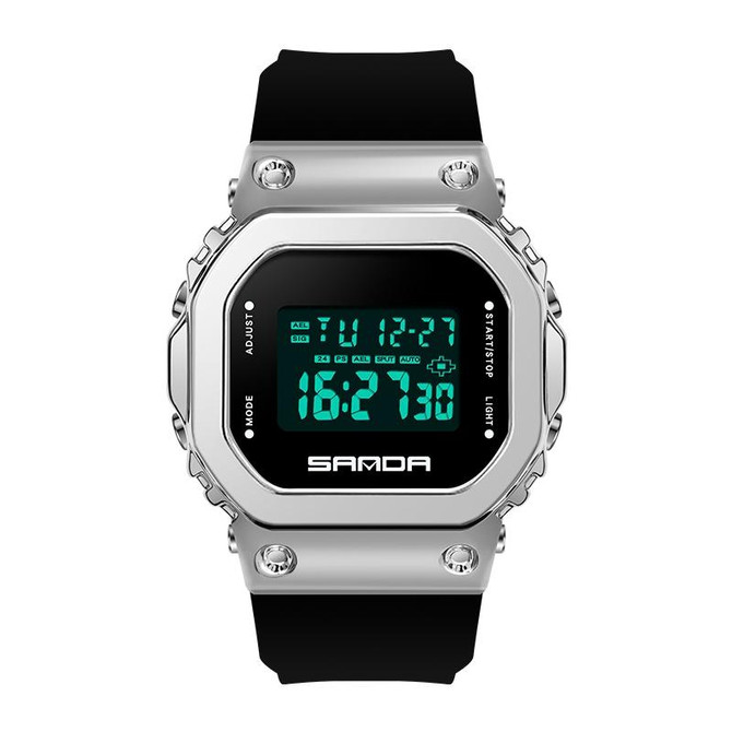 SANDA 9006 LED Digital Display Square Dial Sports Electronic Watch for Men and Women(Black Silver)