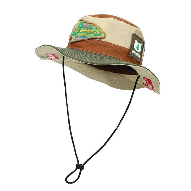 Retro Mountaineering Fisherman Hat Patching Sunscreen Hat Outdoor Cowboy Cap, Size: One Size 55-59cm(Brown Khaki+Army Green)