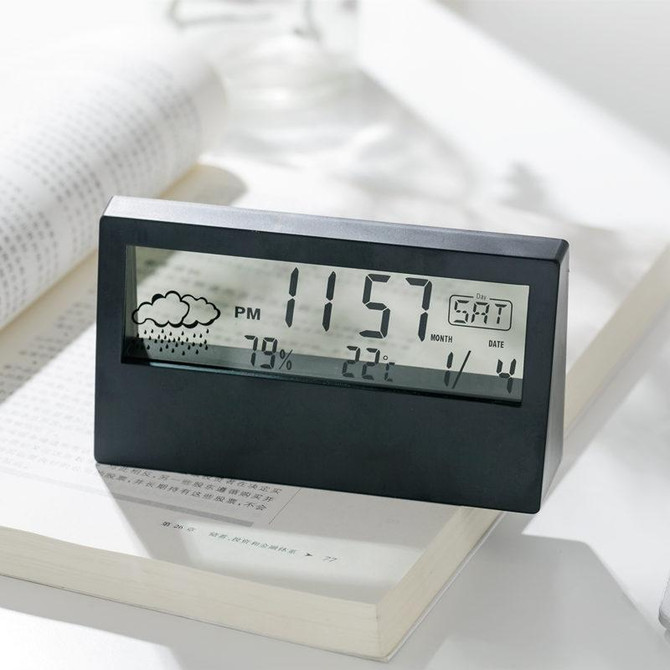 LCD Electronic Desk Clock Digital Display Multifunctional Temperature And Humidity Meter Alarm Clock, Model: Transparent Black