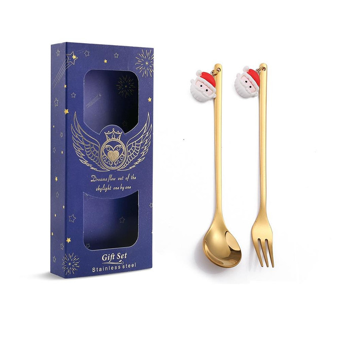 2pcs /Pack Christmas Mixing Spoon Fruit Fork With Pendant Flatware, Style: Elderly (Blue Box)