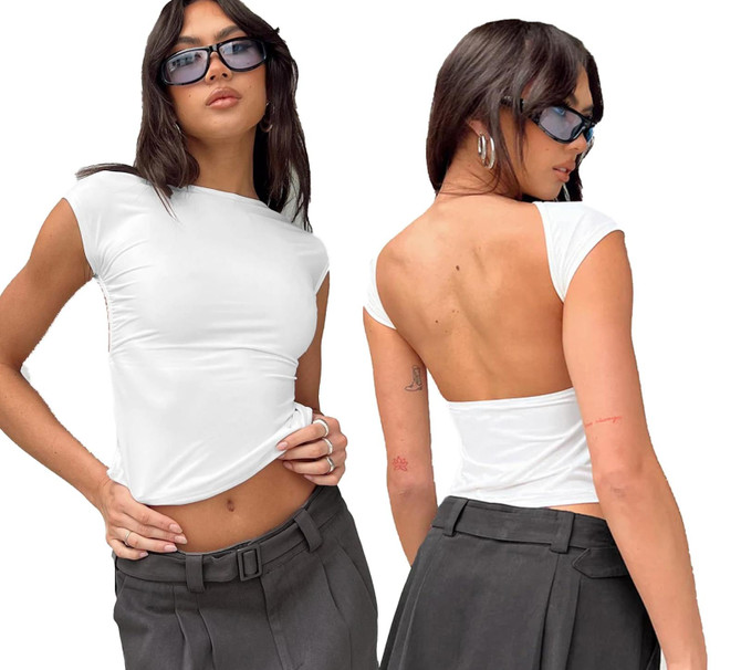 Women Sexy Backless Top Comfortable Breathable Slim Fit T-Shirt, Size: S(ESSO002 White)