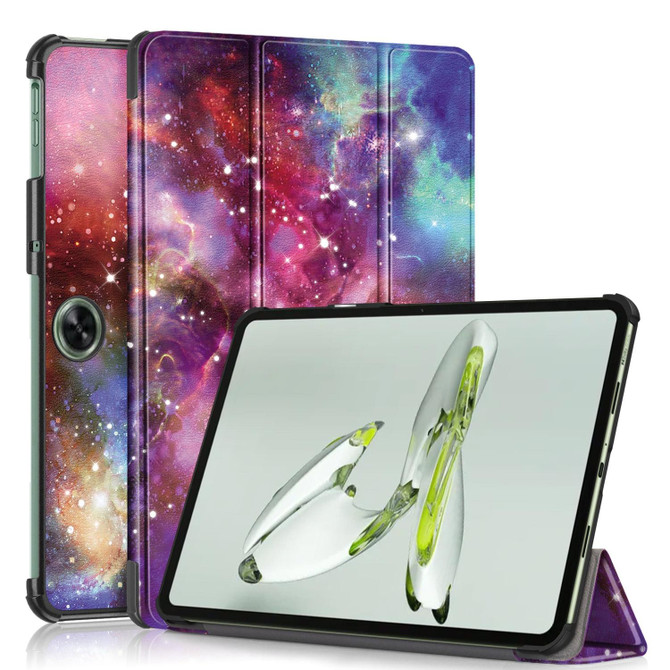 For OnePlus Pad Go / OPPO Pad Air Custer Painted 3-fold Holder Smart Leather Tablet Case(Galaxy)