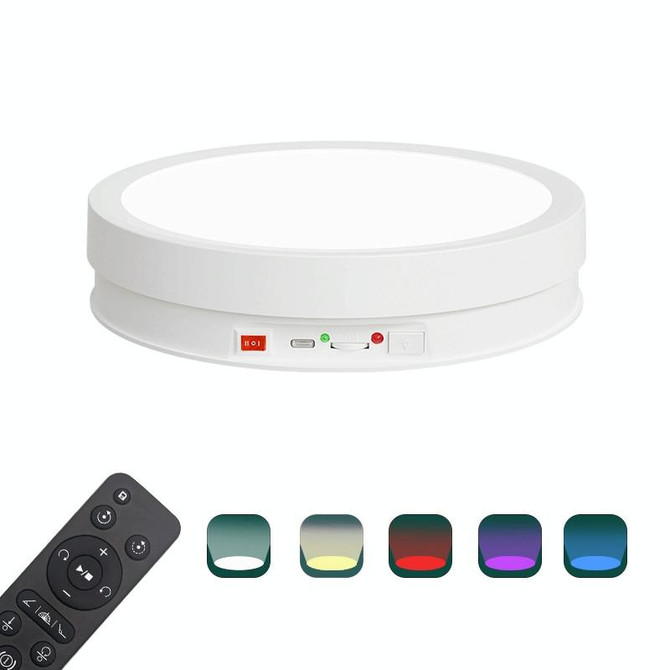 22cm Colorful LED Light Electric Rotating Display Stand Turntable, Style:Battey Charging(White)