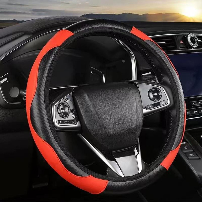 39cm Carbon Fiber Elastic Leather Without Inner Ring Car Steering Wheel Cover, Color: Red
