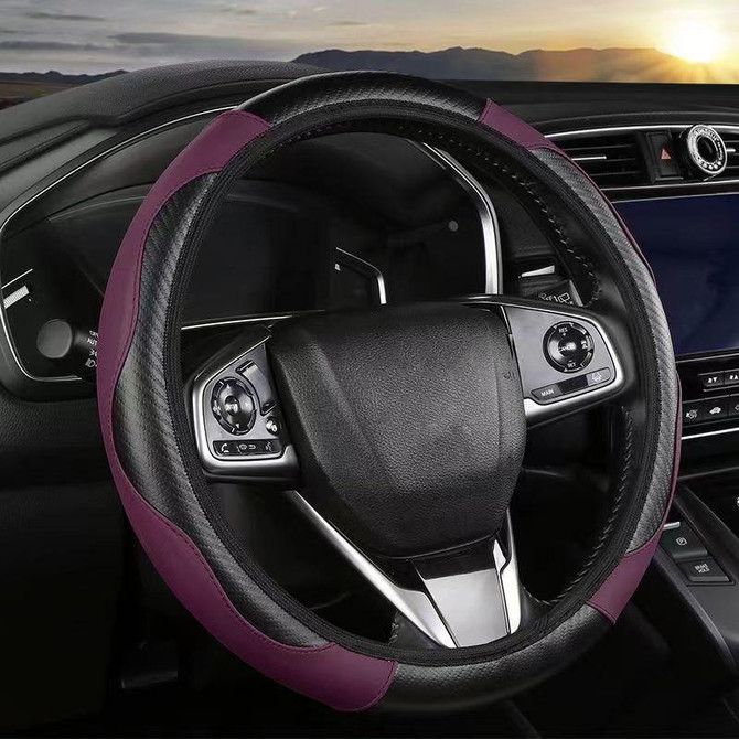 39cm Carbon Fiber Elastic Leather Without Inner Ring Car Steering Wheel Cover, Color: Purple