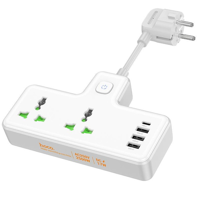 hoco AC11A Voyage 2-position Expansion Socket with USB-C+3USB Ports, Cable Length: 8.5cm, EU Plug(White)