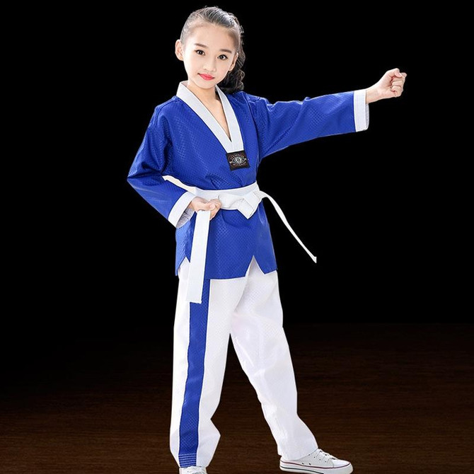 Child Adult Cotton Men And Women Taekwondo Clothing Training Uniforms, Size: 130(Blue White Stitching)