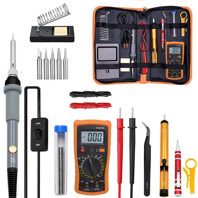 19 in 1 60W Adjustable Temperature Soldering Iron Multimeter Tool Set, Color: Gray EU Plug